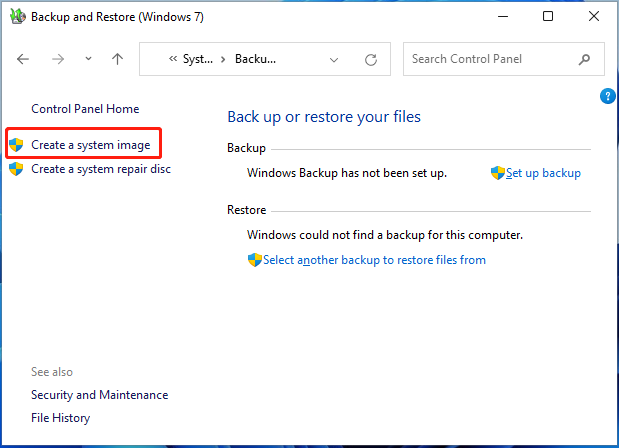 klik op Een systeemkopie maken Windows 11