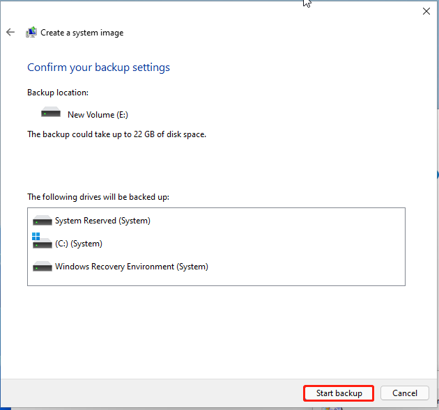 klik op Back-up starten Windows 11