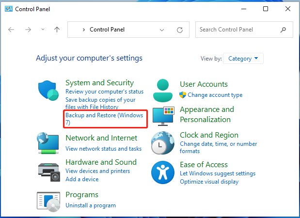 klik op Back-up en herstel Windows 11
