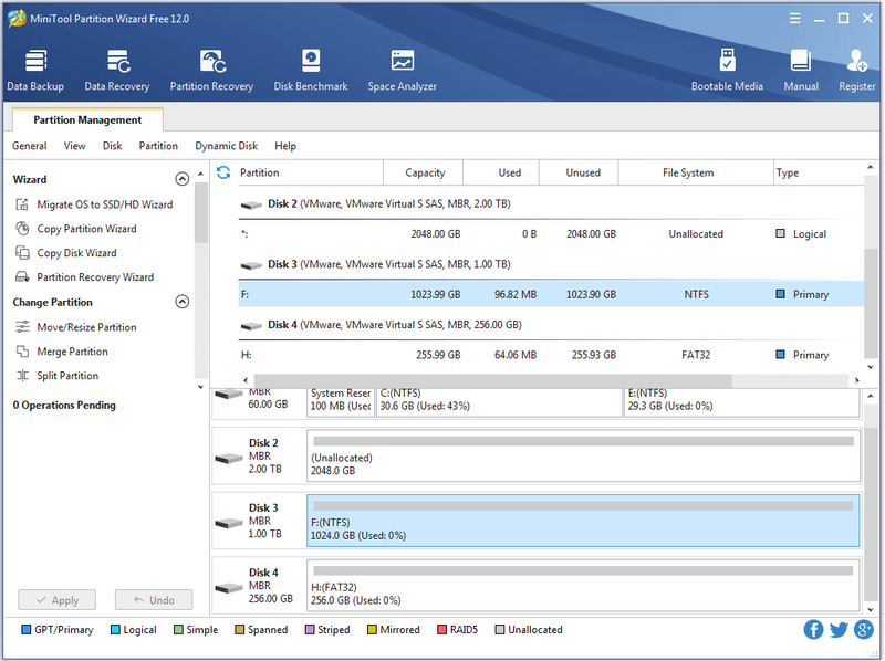 de hoofdinterface van MiniTool Partition Wizard