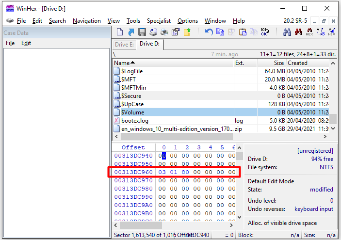 de offset van vuile bit op NTFS-volume