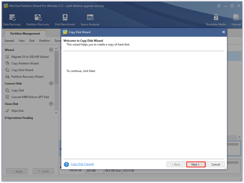 klik op Wizard Schijf kopiëren op MiniTool Partition Wizard