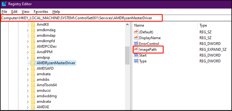 AMDRyzenMasterDriver en el Editor del Registro