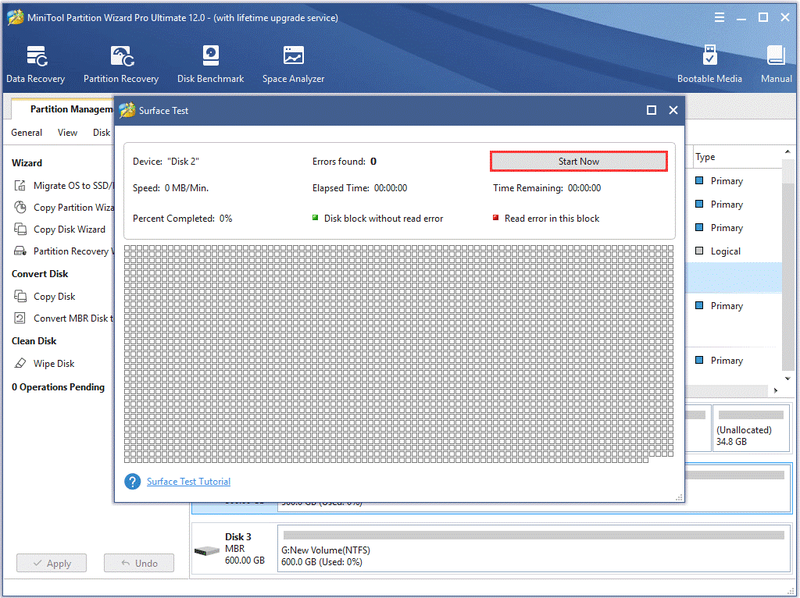 oppervlaktetest met MiniTool Partition Wizard
