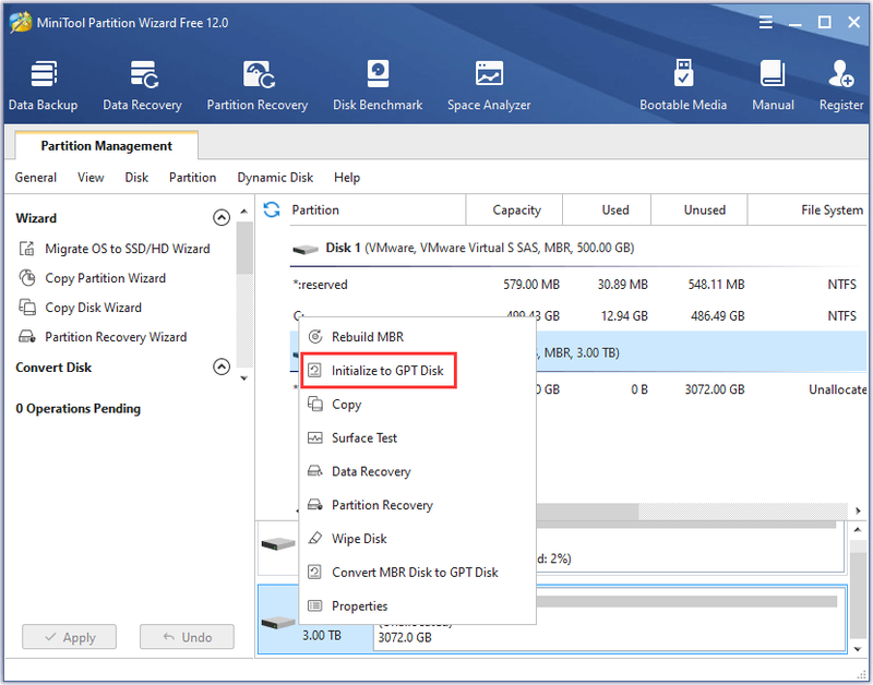 cliquez sur Initialiser sur le disque GPT