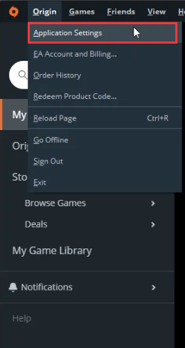 Opcija postavki aplikacije u Origin