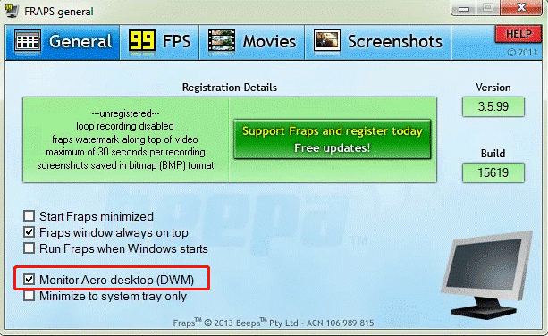 potvrdite okvir za Monitor Aero desktop DWM