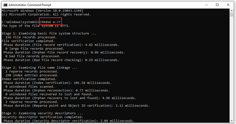 type chkdsk e:/r