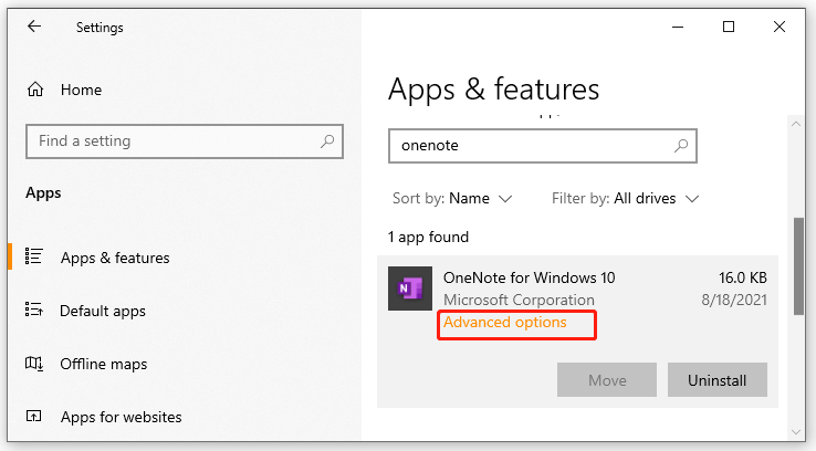 klik op Geavanceerde opties voor OneNote