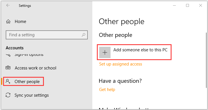 klik op Iemand anders toevoegen aan deze pc