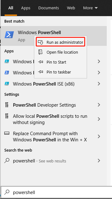 voer Windows PowerShell uit als beheerder