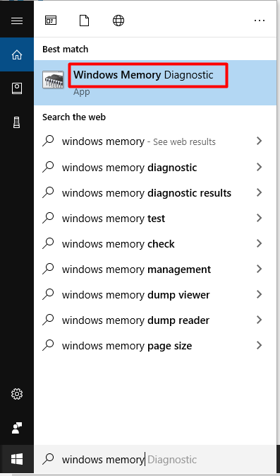open Windows Memory Diagnostic tool vanuit het zoekvak