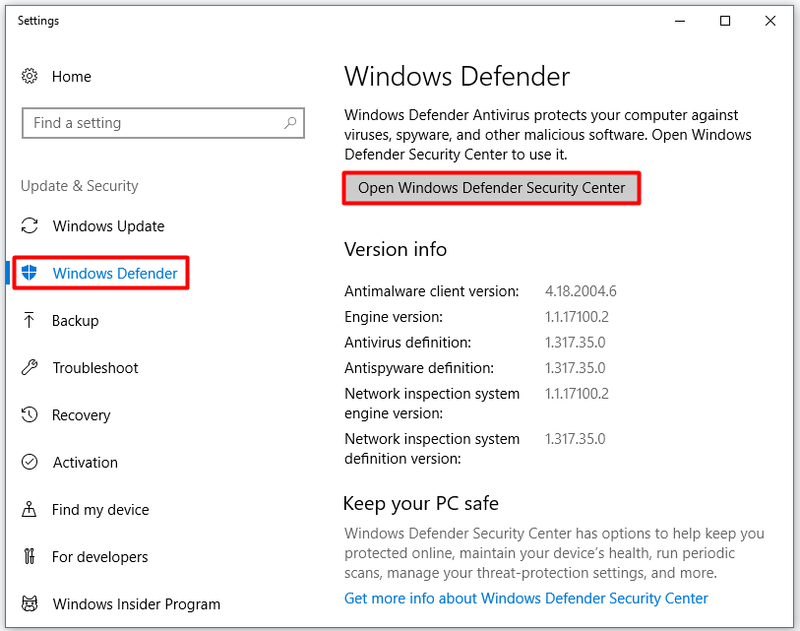 klik op de optie Open Windows Defender Security Center
