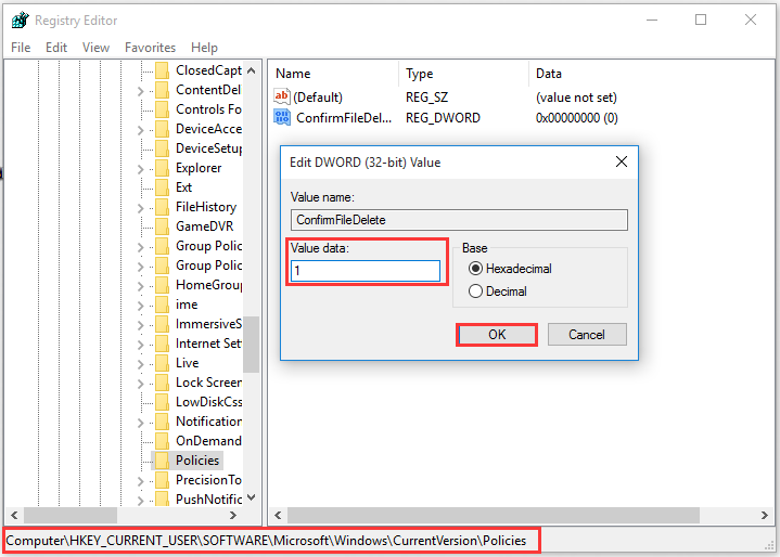 schakel de verwijderingsbevestiging van Windows 10 in de Register-editor in