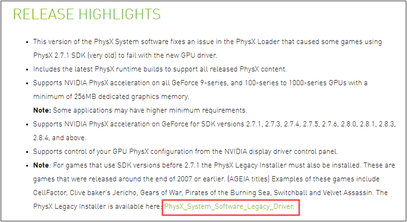 installer den ældre version af PhysX-driveren