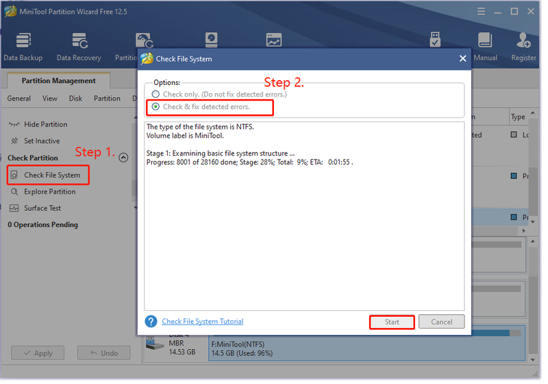 kontrollere filsystemet ved hjælp af MiniTool Partition Wizard