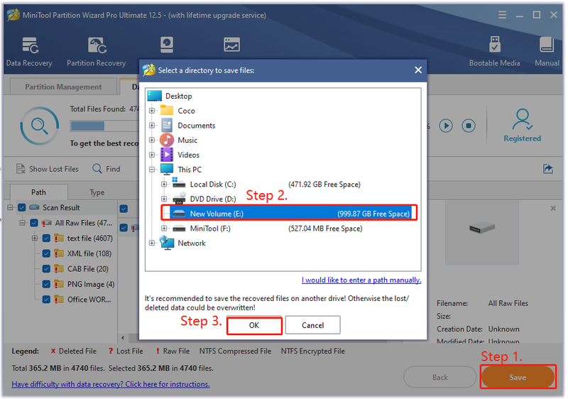 gem de gendannede data i MiniTool Partition Wizard