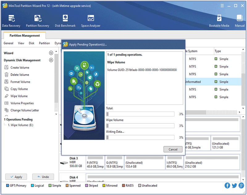 MiniTool Partition Wizard veegt het volume af