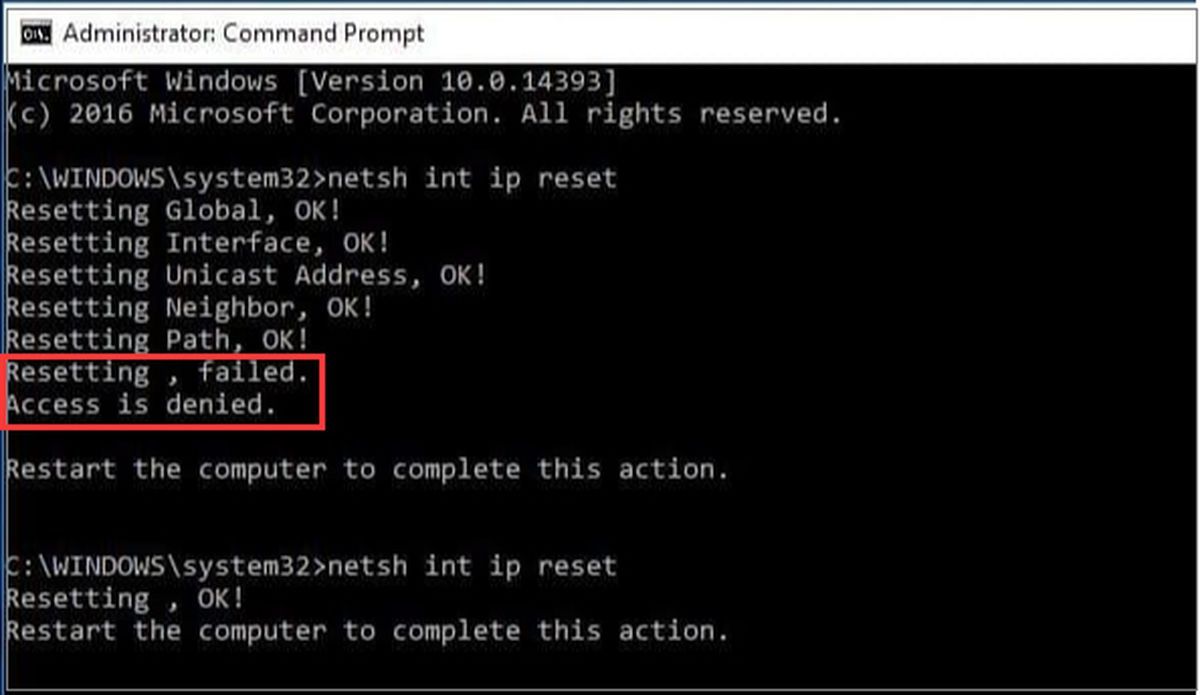 «Netsh int ip reset» не удалось