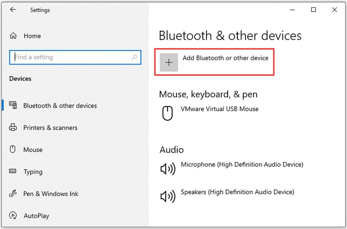 klik på knappen Tilføj Bluetooth og andre enheder