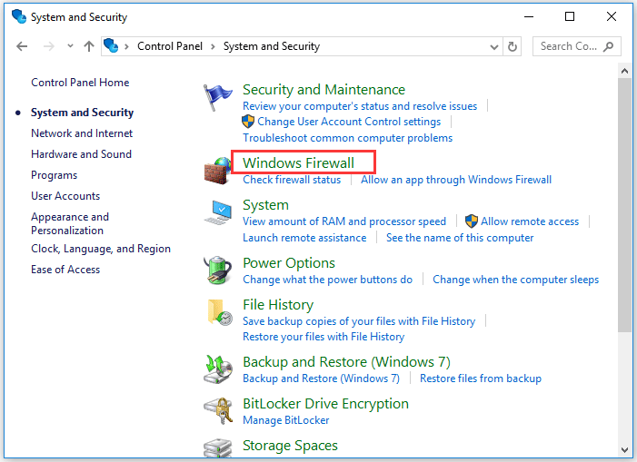 klik på Windows Firewall
