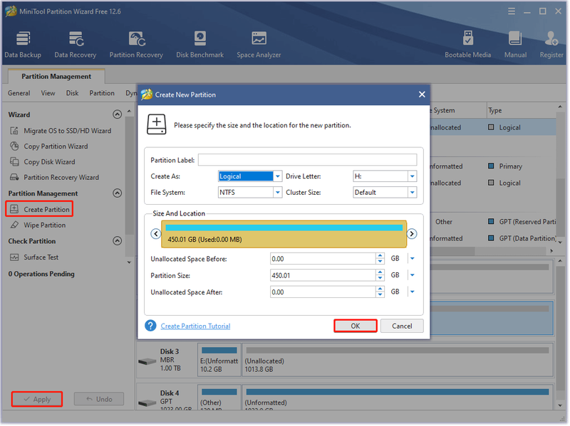 maak een partitie met behulp van MiniTool Partition Wizard