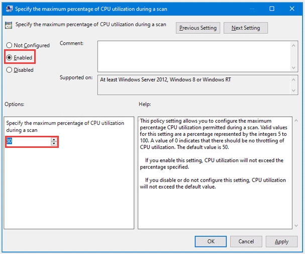 specificeer het maximale percentage CPU-gebruik tijdens een scan