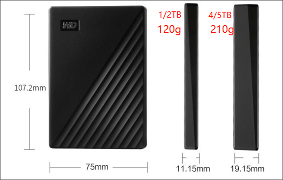 grootte/gewicht parameters van WD My Passport HDD