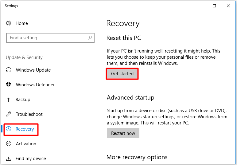 klik op Aan de slag onder Deze pc opnieuw instellen