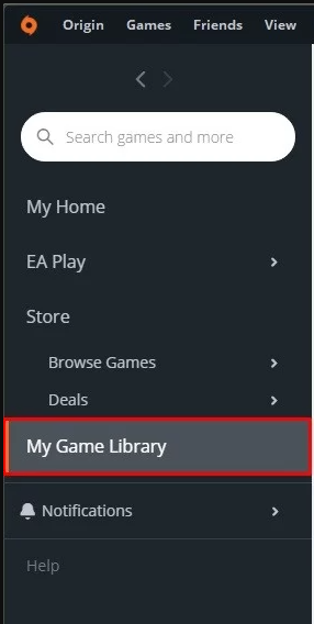 selecteer Mijn spelbibliotheek in Origin