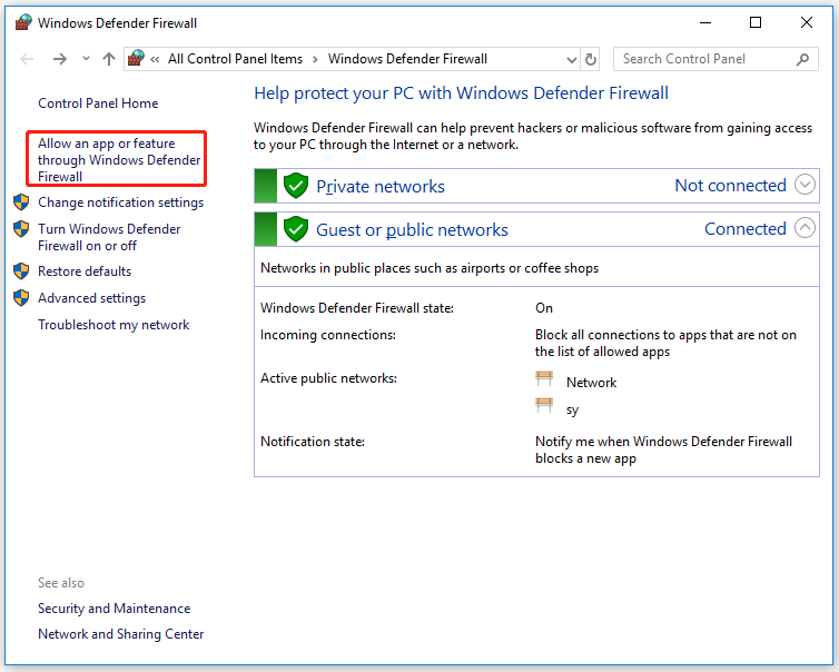 klik på Tillad en app eller funktion via Windows Defender Firewall