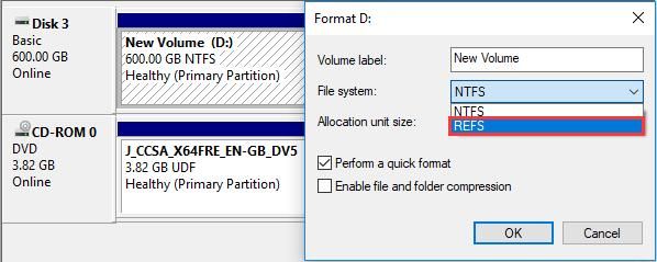 een volume formatteren met ReFS in Windows 10 Pro