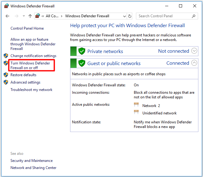 Schakel Windows Defender Firewall uit