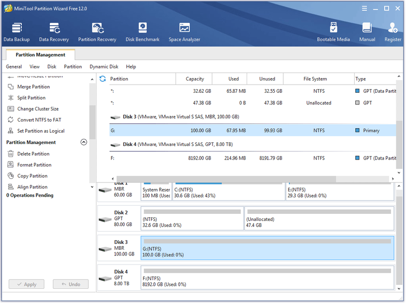 de hoofdinterface van MiniTool Partition Wizard