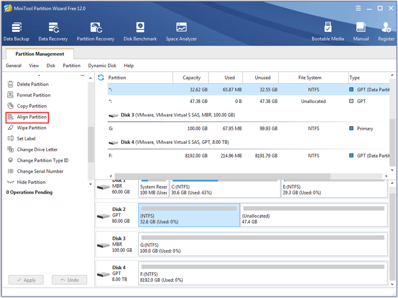 de functie Partitie uitlijnen van MiniTool Partition Wizard