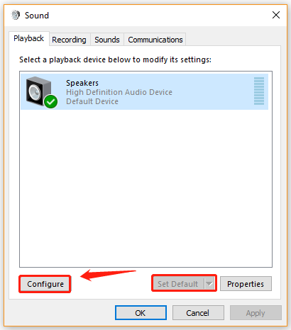 klik op Configureren in Sound Control Panel