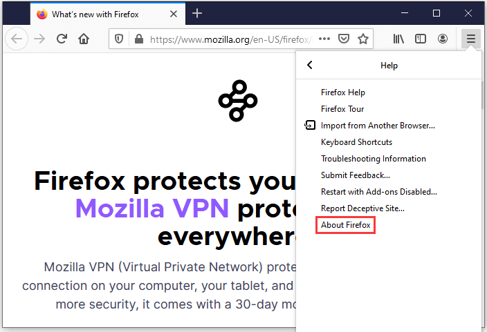 klik op Over Firefox