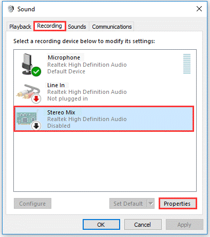 controleer de Stereo Mix-eigenschappen