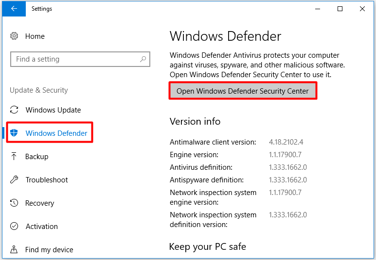 klik op Windows Defender-beveiligingscentrum openen
