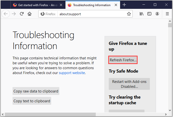 cliquez sur Actualiser Firefox