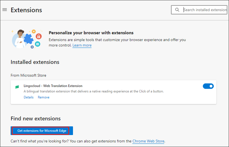 klik op de knop Extensies voor Microsoft Edge ophalen