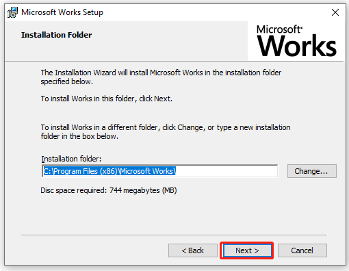 selecteer een locatie om de installatiemap van MS Works op te slaan