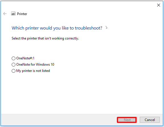vælg den defekte printer, og klik på Næste