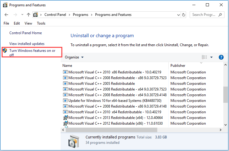 klik op Windows-functies in- of uitschakelen