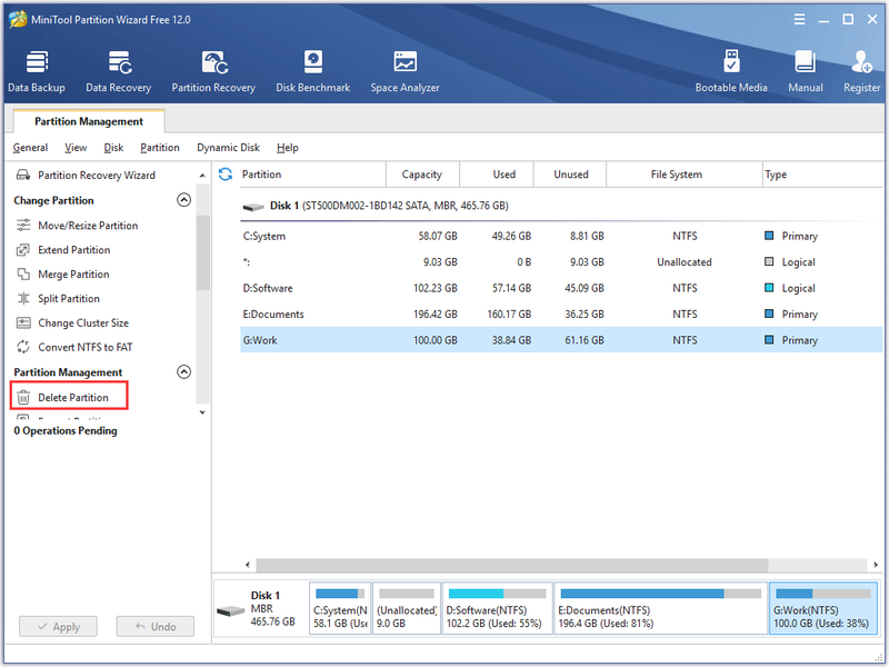 een partitie verwijderen via MiniTool Partition Wizard