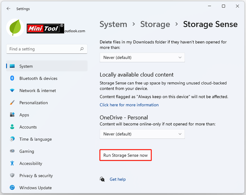 klik op Run Storage Sense nu
