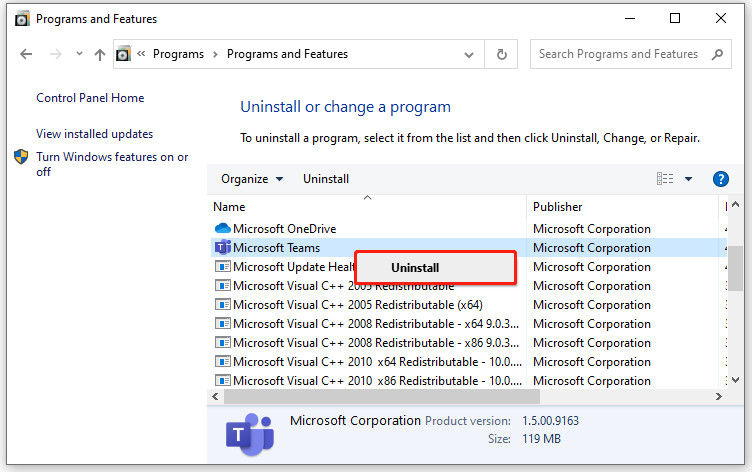 Selecteer om Microsoft Teams te verwijderen