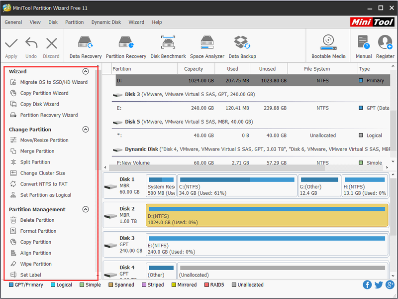 MiniTool Partition Wizard hoofdinterface