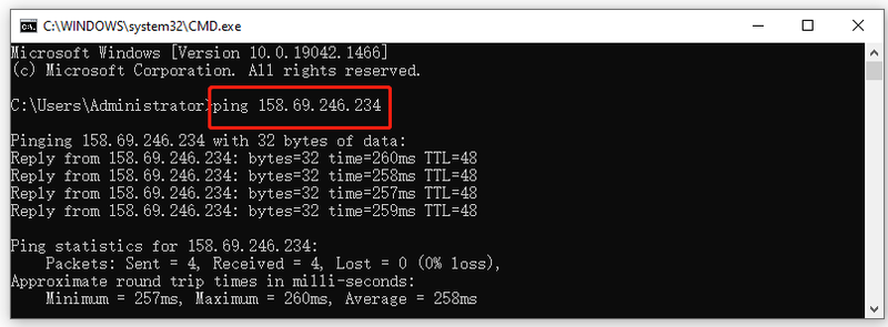 voer Ping plus server IP-adres uit in opdrachtprompt