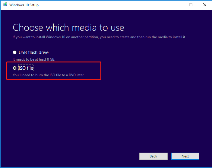 vælg ISO-fil fra Windows 10-skabelsesmedieværktøjet